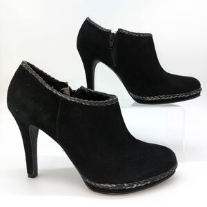 Antonio Melani Ankle Booties Sz 7M Black Heels Dante Suede Braided Trim Detail